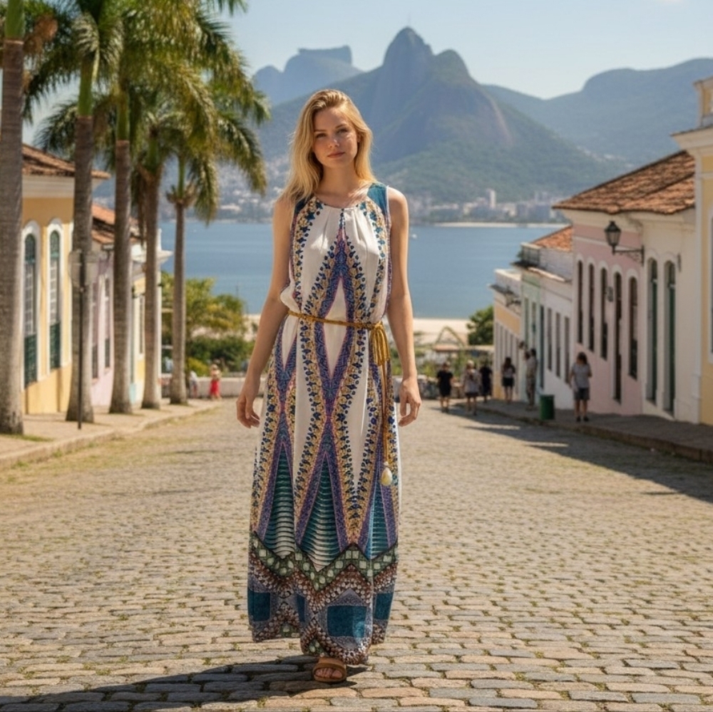 Maeve Multicolor Printed Sleeveless Maxi Dress with Belt